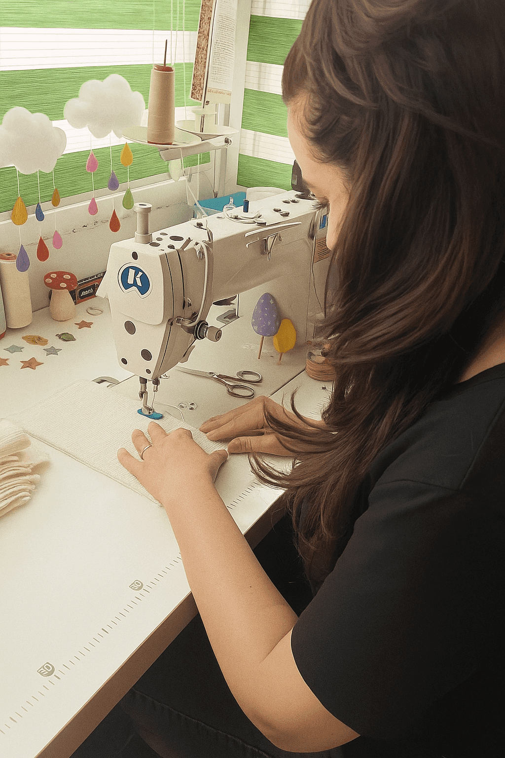 Close-up of Camelia's hands carefully crafting a decoration
